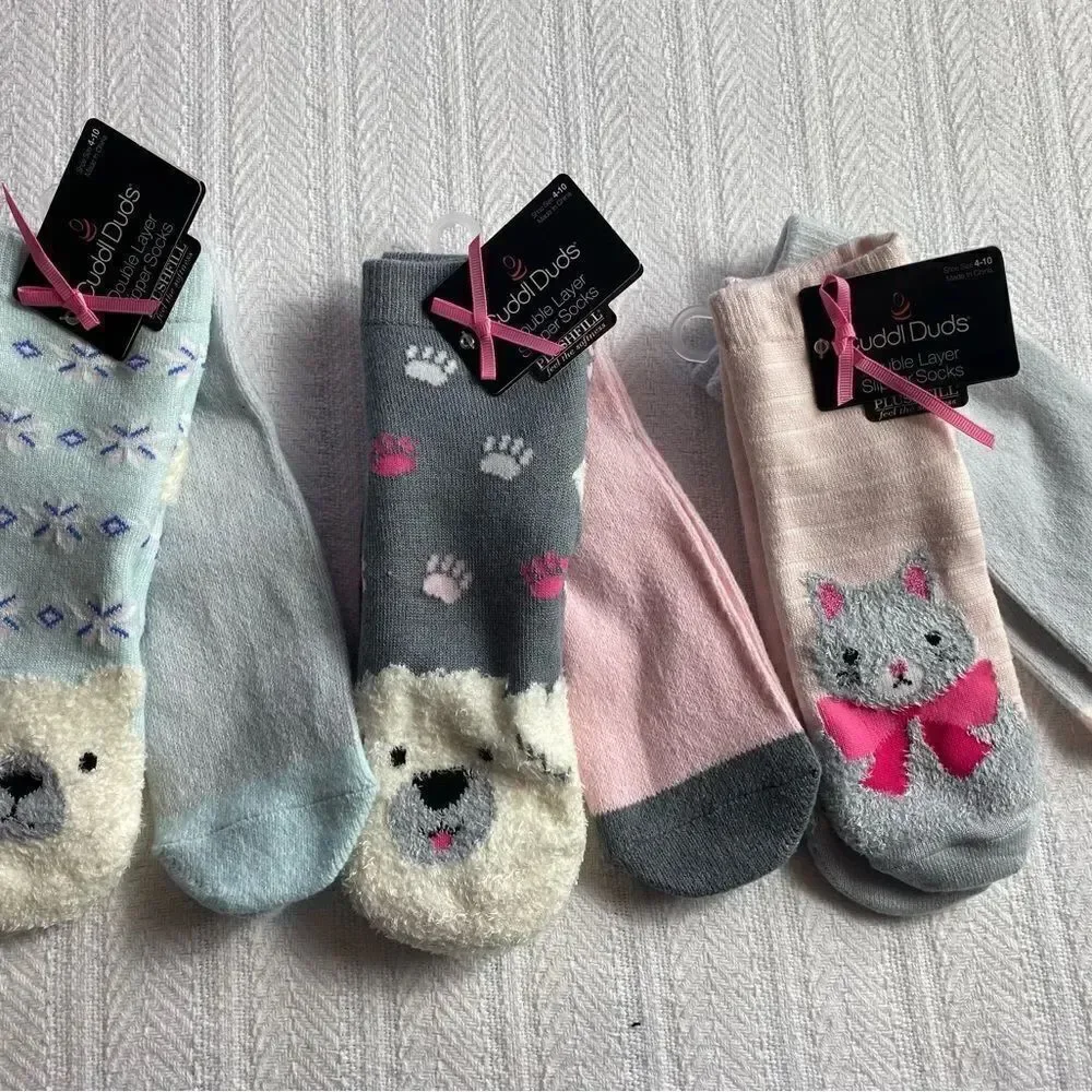 Cuddl Duds Girls 4-10 Ankle Double Layer Slipper Socks Total 6 Pr